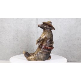 Western Cowboy Armadillo with Sheriff Gun Hat Badge Cell Phone Holder Figurine