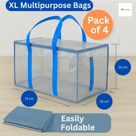 Pack of 4 Clear Heavy Duty Extra Large Moving Bags with Zipper & Handles – Reusable Foldable Storage Bags for Clothes, Laundry, Camping Gear, Toy & Blanket Storage – Waterproof Space Saving Organiser