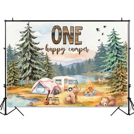 ANSHUHAI One Happy Camper Birthday Decorations One Happy Camper Backdrop Boys' 1st Birthday Party Decorations Camping Photo Backdrops Forest Camper Photography Background Banner (7x5ft)