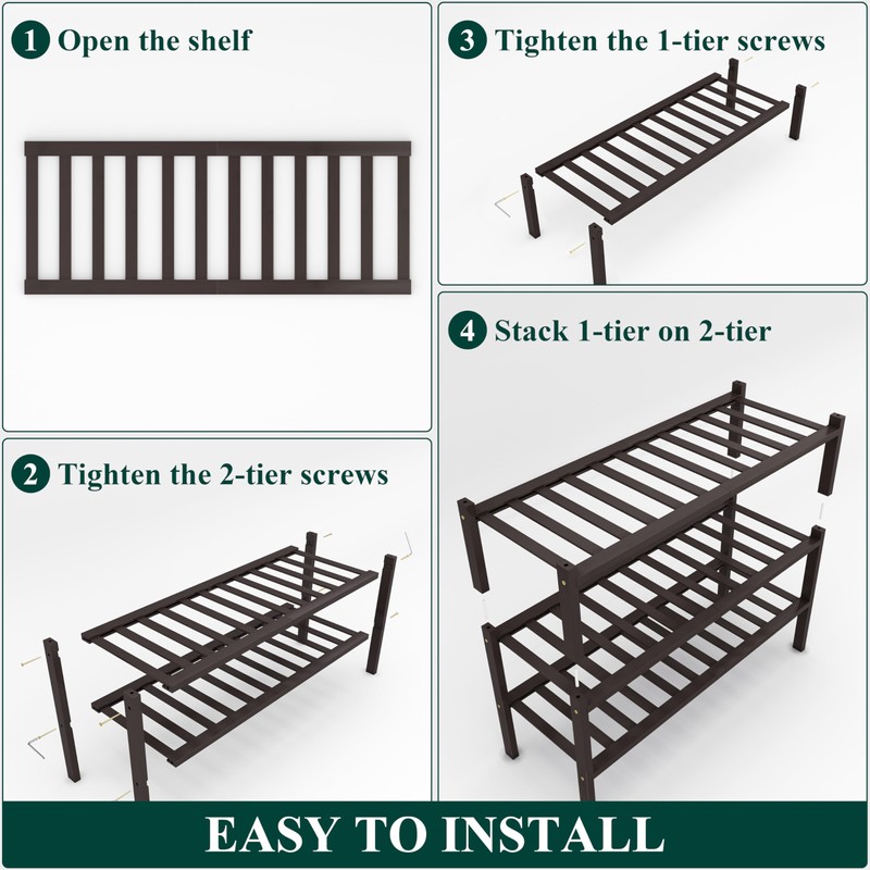 Smiry Shoe Rack, 3 Tier Thick Bamboo Shoe Organizer, Stackable