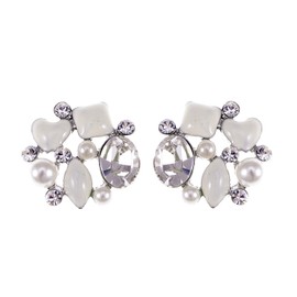 Alilang Crystal Element Silver Tone Heart Square Faux Pearl Rhinestone Cluster Stud Earrings