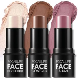 FOCALLURE 3 Pcs Crema Contorno Sticks, Sombras Con Resaltador y Bronceador y Rubor, Pluma de Contorno Facial No Grasienta de Larga Duración, Fácil de 