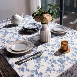 LOVOUS Linen Floral Square Tablecloth 60 x 60 Inch – Washable Vintage Blue Table Cloth for Indoor & Outdoor Dining, Restaurant, Picnic, Pastoral Table Cover Decor