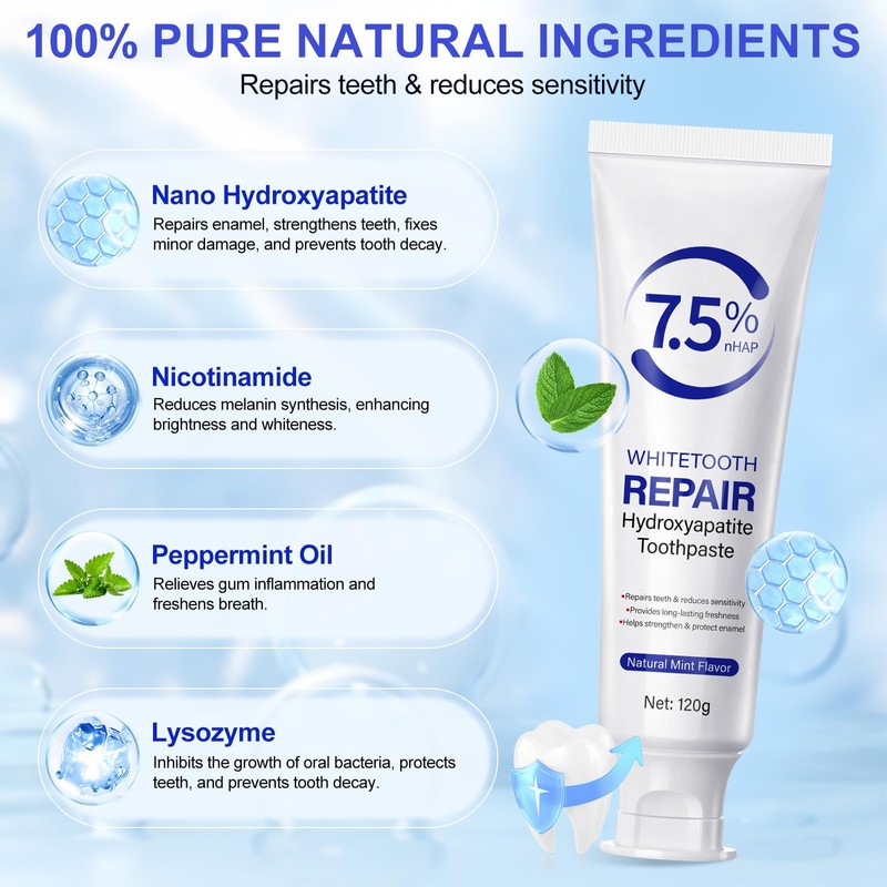 2pcs Hydroxyapatite Toothpaste, Repairs & Strengthens Enamel, Gentle Mint, Fresh