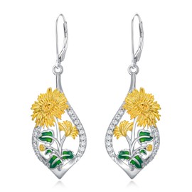 SILBAZ Birth Flower Earrings Month Flower Dangle Drop Earrings Enamel Floral Earrings Jewelry Birthday Christmas Gifts for Women Girls, White Gold, Cubic Zirconia
