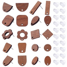 CRAFTYMELODY 40Pcs 10 Style Wooden Earring Stud Post Walnut Wooden Stud Earrings with Loop Flower Round Square Earring Pin Studs with Soft Clear Ear Backs Findings for Dangle Earring Jewelry Making
