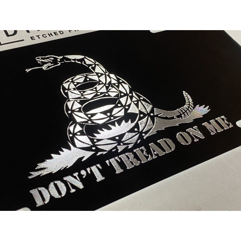 Engraved Don't Tread ON ME Car Tag Silver Diamond Etched