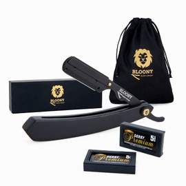 Bloony® Professional Freehand Razor Black Mode Version with Wooden Handle, Men's Beard Set 10 Derby Premium Blades (20 Broken), Italian Design, Men's Gift Idea