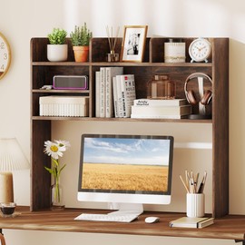 Tangkula Desktop Bookshelf for Computer Up to 32”, 37” Countertop Storage Hutch with 6 Storage Shelves, 3-Tier Desktop Organizer Display Rack, Wooden Desk Hutch for Dorm Home Office (Rustic Brown)