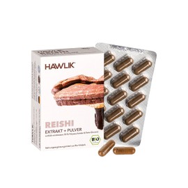 HAWLIK Bio Reishi Extrakt + Pulver Kapseln - 60 Kapseln im Blister - Mit Vitamin C - Kombination aus Extrakt & Pulver - Natürlicher Anbau - Vegan