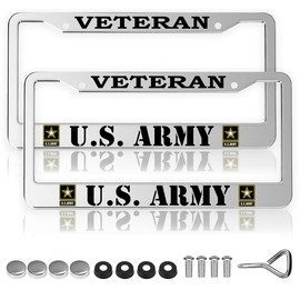 2pcs for US Army Veteran License Plate Frames – Silver Aluminum – 12.5’ x 6.5’ License Plate Holder Covers