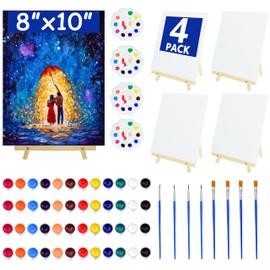 4 Pack 8x10 Inch Canvas and Easel Set, Sip and Paint Kit for Adults,Art Canvas Bulk with Easels Stands, Trays,Small Paint Brushes,12 Colors Mini Acrylic Paint Set for Couples and Party Supplies