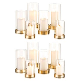 Hewory Hurricane Candle Holder for Pillar Candles: Gold Votive Candle Holders Set of 12, Glass Hurricane with Metal Candle Plate, Pillar Candle Holder for Table Centerpiece Wedding Holiday Home Decor
