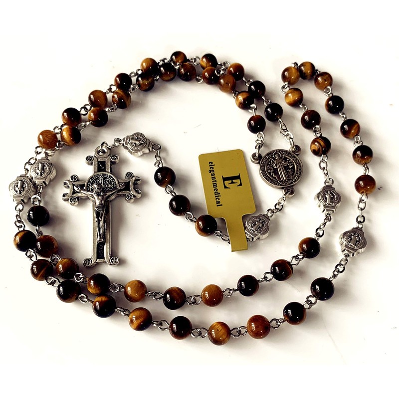elegantmedical Catholic Nice Saint St. Benedict Tiger Eye Beads Gift