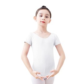 Daydance Basic White Ballet Leotards for Girls, Short Sleeve Dance Wear with Full Lining