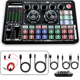KILOGOGRAPH Podcast Sound Board - Audio Mixer with Effects, Audio Interface for PC Mac iOS, External Sound Card for Streaming Recording, LED Light, DJ Mixer, Voice Changer (F999 Plus, More Aux Cables)