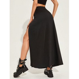 GothDark Women's Sexy Black High Waist Flowy Side Split A Line Y2K Night Out Summer Casual Long Gothic Skirts