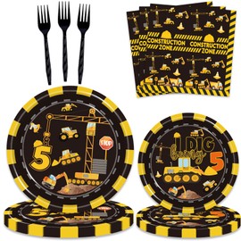 162 Pcs Construction 5th Birthday Party Supplies Dump Truck Five Tableware Includes Backdrop, Hanging Swirl, Banner, Plates, Cups, Tablecloth for Construction Five Years Old Bday Party Decorations