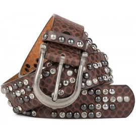 styleBREAKER studded belt with ornamental loops embossing, rhinestone and vintage design ball-shaped rivets, can be cut to lenght on request, ladies 03010058, Colour:Red Brown, size:100cm
