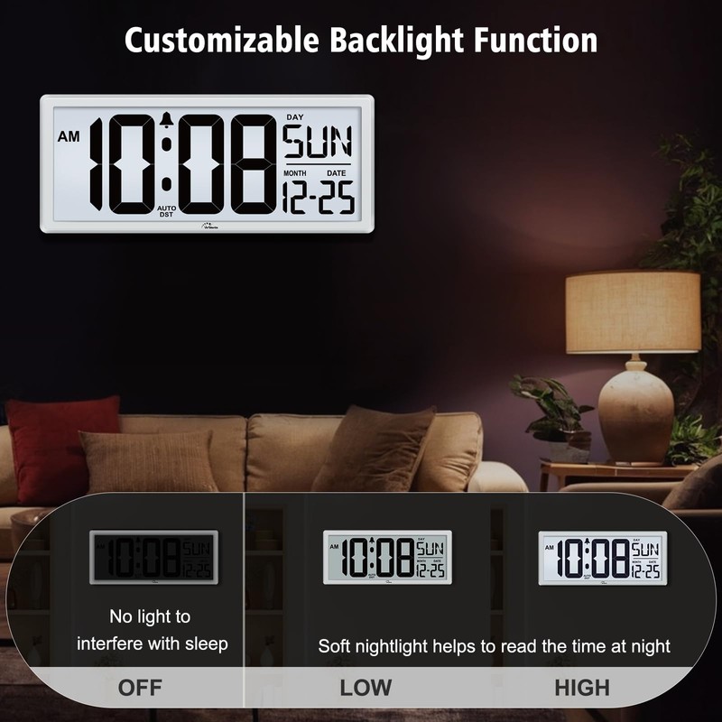 WallarGe Backlight Digital Wall Clock Battery Operated - with Temperature