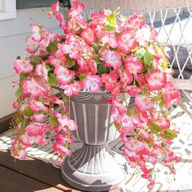 Artificial Hibiscus Fake Hanging Flowers Plants for Outdoors Spring Summer Decoration, 4pcs Pink Silk Hibiscus Long Trailing Vines UV Resistant Realistic Faux Flower for Outside Front Door Porch Patio