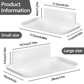 Bagentry 2 Pack White Plastic Folding Wall Shelf, 6.8" x 4.3" & 11" x 6.3" Foldable Adhesive Shelves, Small Fold-Down Wall Storage Tray for Bathroom Toilet Kitchen Phone Towel (2)