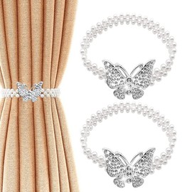 DIKABAO Curtain Tiebacks 2Pcs Butterfly Curtain Clips Adjustable Decorative Alloy Curtain Straps Curtain Holdbacks with Classy Small Pearl Elastic Rope for Home Office Living Room Curtain Decoration