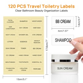 HVSWLY Toiletry Labels for Travel Size Bottles,120 PCS Travel Bottle Labels Waterproof,Clear Bathroom Labels Makeup Label for Shampoo Conditioner Lotion Cream