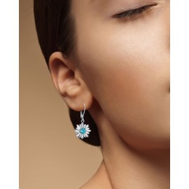 BDL Cubic Zirconia Flower Genuine Turquoise Leverback Earrings Sterling Silver Dangle Drop Jewelry for Women