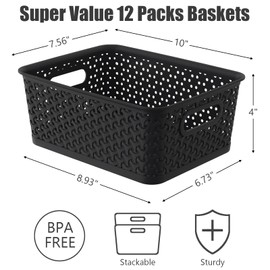 Gainhope 12 Packs Plastic Baskets with Handle, Woven Storage Organizer Bins for Home, Bathroom, Classrooms, Office, School, Black