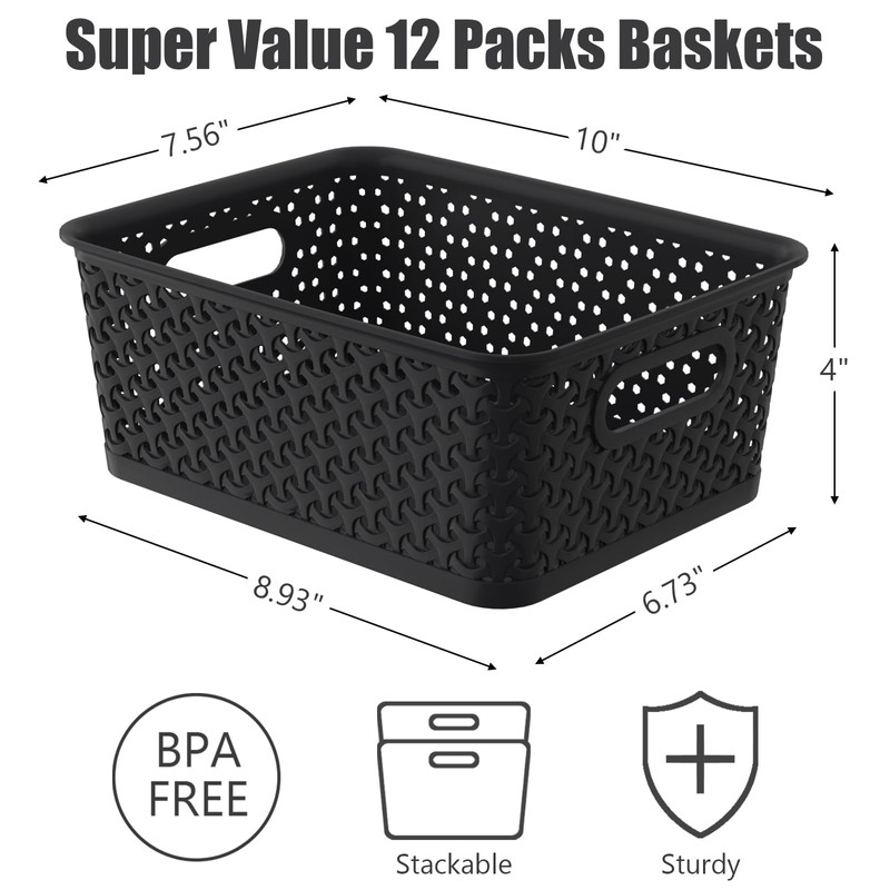 Gainhope 12 Packs Plastic Baskets with Handle, Woven Storage Organizer
