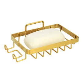 Snailhouse Soap Dish for Shower, Wall Self Draining Adhesive Hanging Stainless Steel Bathroom Bathtub Bar Soap Holder Tray Caddy with 2 Hooks, Gold