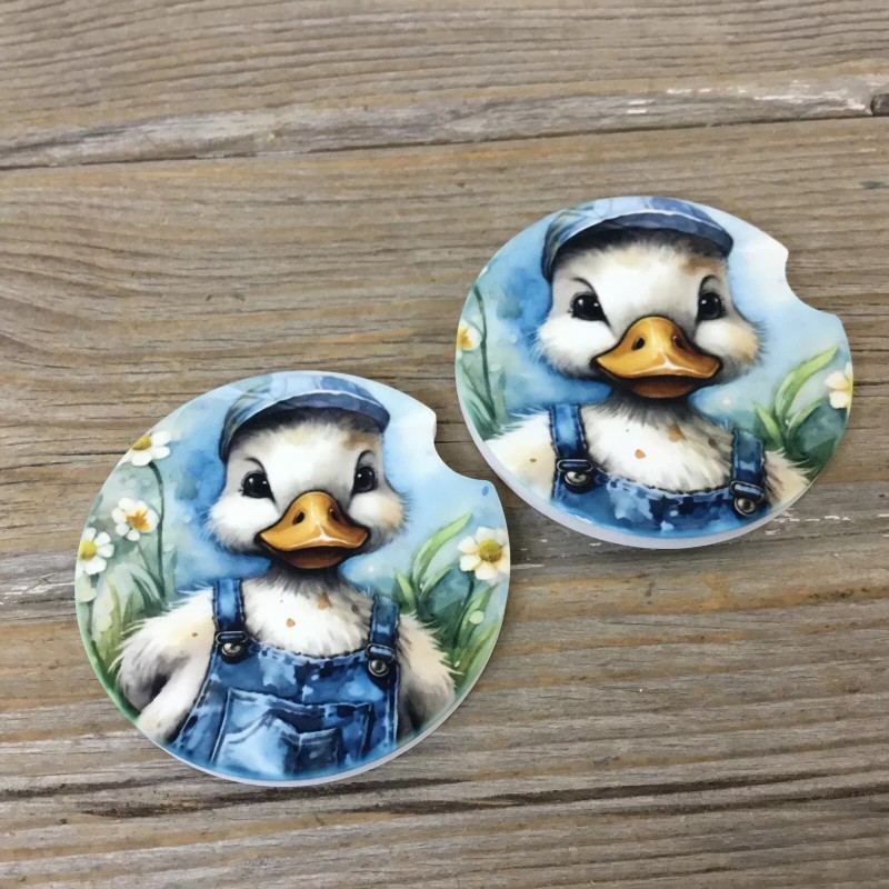 Unbranded Duck in Bib Overalls Car Coasters, Set of 2