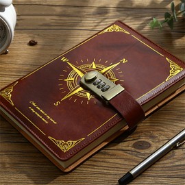 HIQIU Vintage PU Leather Notebook Diary with Lock, Secret Password Notepad with Signature Pen, Journal Travel Diary Gift Box for Men Women (Brown)
