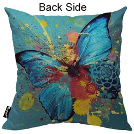 Mugod Butterfly Decorative Throw Pillow Cover Case Watercolor Butterflies Lotus Flower Bold Splash Doodle Cotton Linen Pillow Cases Square Standard Cushion Covers for Couch Sofa Bed 18x18 Inch