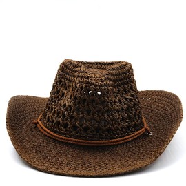 Men’s Western Cowboy Hat Wide Brim Shapeable Panama Straw Hat Summer Beach Sun Hat Outdoor Travel Cap with Chin Strap Brown