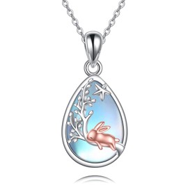 URONE Rabbit Necklace 925 Sterling Silver Rabbit Moonstone Tear Drop Pendant Necklace Miraculous Rabbit Jewellery Gifts for Women Girls, Sterling Silver, No Gemstone