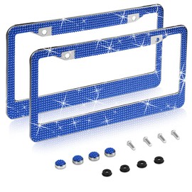 2 Pack Bling License Plate Frame，Handcrafted Bling Rhinestone Premium Stainless Steel License Plate Frame，14 Facets Clear Color Rhinestone Crystal (Blue)