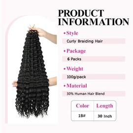 30 Inch Deep Wave Crochet Hair 30% Human Hair Mixed Long Curly Braiding Hair for Boho Braids Ocean Wave Braiding for Women 1B# Pack of 6