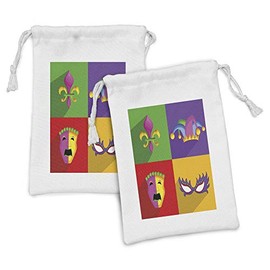 Ambesonne Mardi Gras Fabric Pouch Set of 2, Colorful Frames Festival Themed Harlequin Hat and Fleur De Lis Print, Small Drawstring Bag for Toiletries Masks and Favors, 9" x 6", Multicolor