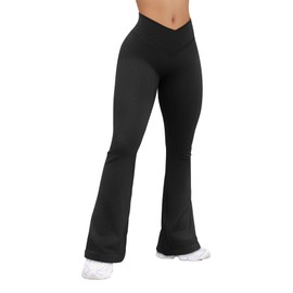 OQQ Women's Flared Pants Ribbed Cross Over High Waist Bell Bottoms Lounge Travel Pants Black