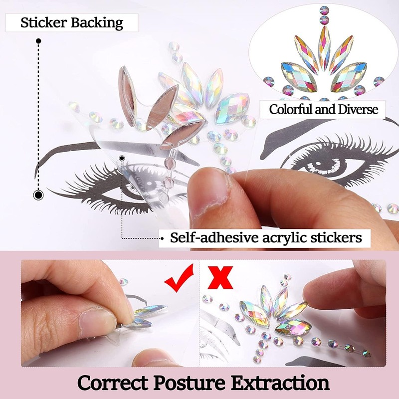 Dochais Temporary Tattoos Crystal Tears Gemstone for Festival Rhinestone Decorations