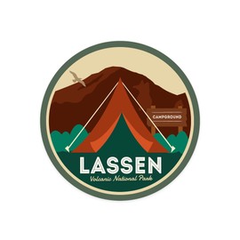 Die Cut Sticker Lassen Volcanic National Park, California, Off The Grid, Tent, Contour, Green Bkgrd Vinyl Sticker 1 to 3 inches (Waterproof Decal for Cars, Water Bottles, Laptops, Coolers), Small