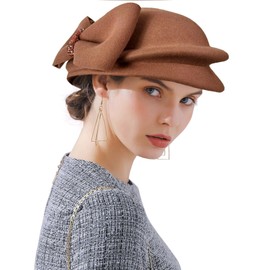 RZTA Women's Vintage 100% Wool Felt Cloche Bucket Bowler Hat Winter Vintage Bow Fedoras Church Derby Fascinator Hat, B6 Darkcoffee, One Size