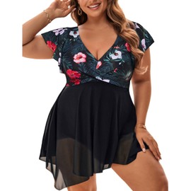 Aqua Eve Plus Size Swim Dress Swimsuits - Women Tummy Control One Piece Bathing Suit with Sleeve Floral and Black 18 Plus