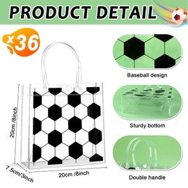 Lonfliness 36Pcs Soccer Clear PVC Gift Bags With Handles Bulk Sport Theme Goodie Treat Candy Bags Team Present Wrap Tote Bag for Boys Birthday Party Favor Baby Shower Decorations Supplies 8 x 8 x 3in
