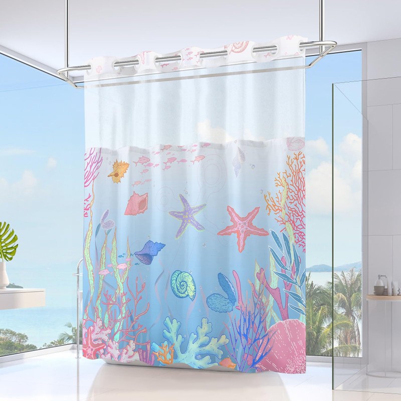 No Hook Shower Curtain and Liner Set, Blue Pink Beach