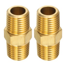 sourcing map 2pcs Brass Pipe Fitting 1/4" BSPT x 1/4" NPT Male Brass Hex Nipple Pipe Extension Adapter Pipe Nipples Connectors for Shower, Oil, Water Line
