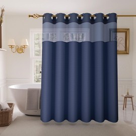 Inhousolu Stall No Hook Shower Curtain with Snap in Fabric Liner Set Waffle Weave 230GSM Weighted Hem, Waterproof & Washable Bathroom Curtain Spa Luxury with Mesh Top Window 36" W x 72" L Navy Blue