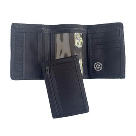 Compact Nylon Trifold Wallet with Zippered Pocket, Black, Trifold